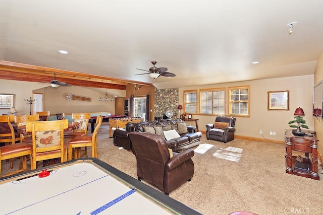 living room featuring ceiling fan, beam ceiling, and light colored carpet