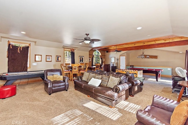 carpeted living room featuring ceiling fan and billiards