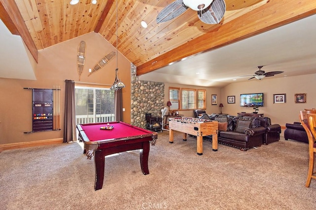 game room featuring carpet flooring, wood ceiling, ceiling fan, a wood stove, and pool table