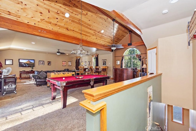 game room featuring beam ceiling, a wood stove, carpet floors, and billiards