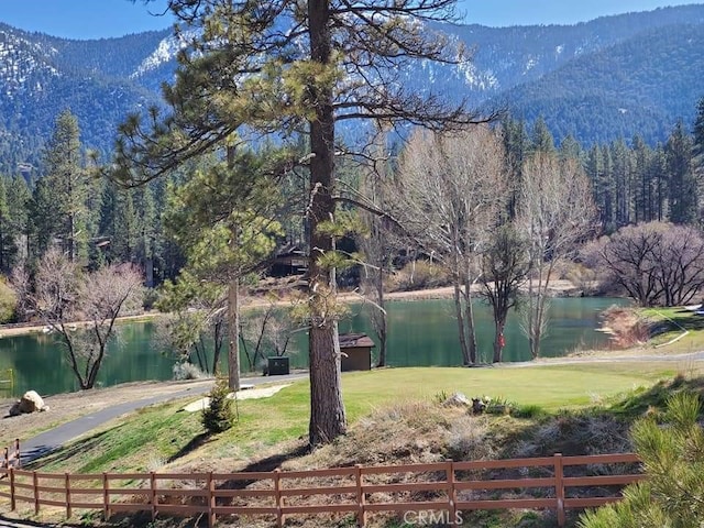 view of property's community featuring a yard and a water and mountain view