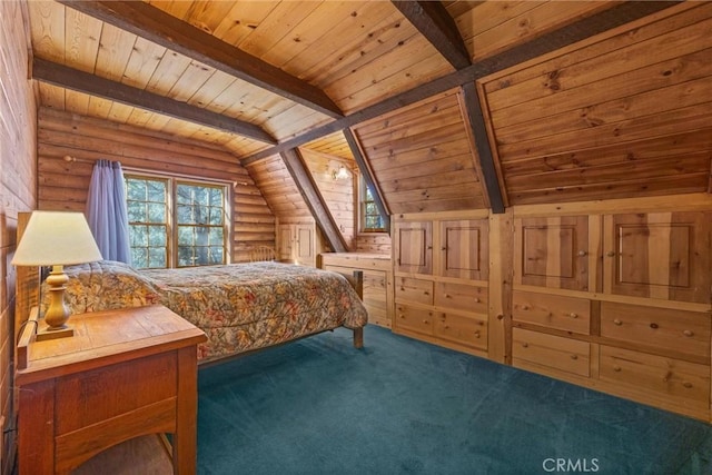 bedroom featuring lofted ceiling with beams, carpet floors, log walls, and wooden ceiling