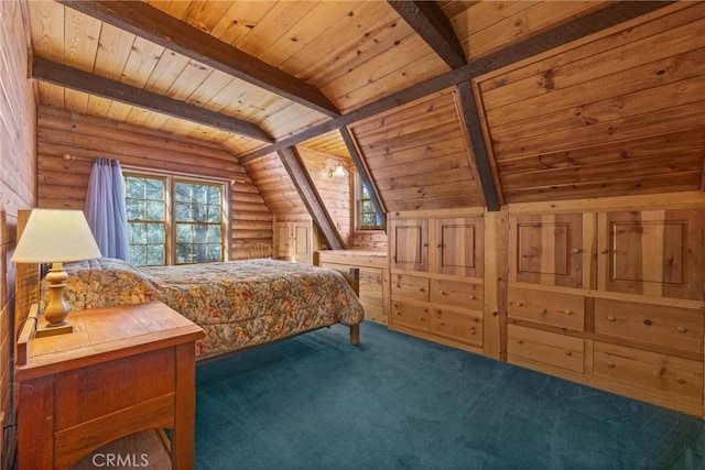 bedroom featuring carpet flooring, rustic walls, wooden ceiling, and vaulted ceiling with beams
