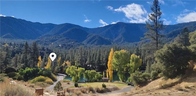 mountain view featuring a forest view