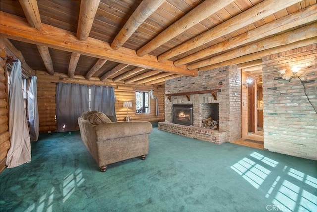 carpeted living area featuring a brick fireplace, rustic walls, beam ceiling, and wooden ceiling