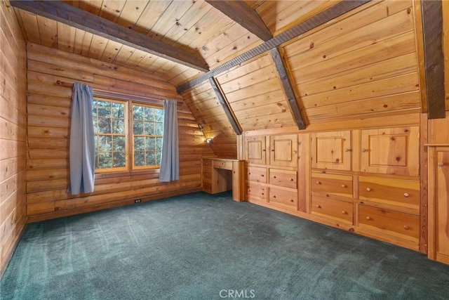 bonus room featuring lofted ceiling with beams, wooden walls, dark carpet, and wooden ceiling