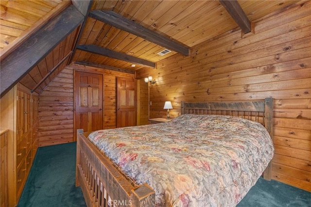 bedroom with vaulted ceiling with beams, dark carpet, wooden ceiling, and wood walls