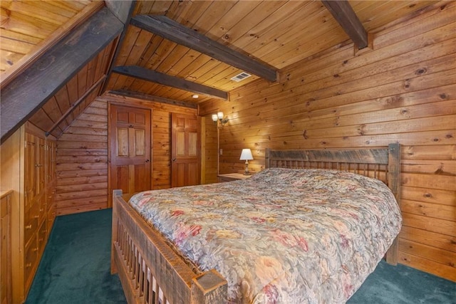 bedroom featuring visible vents, wood walls, vaulted ceiling with beams, wood ceiling, and carpet flooring