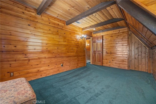 bonus room with beam ceiling, wood walls, dark carpet, and wooden ceiling