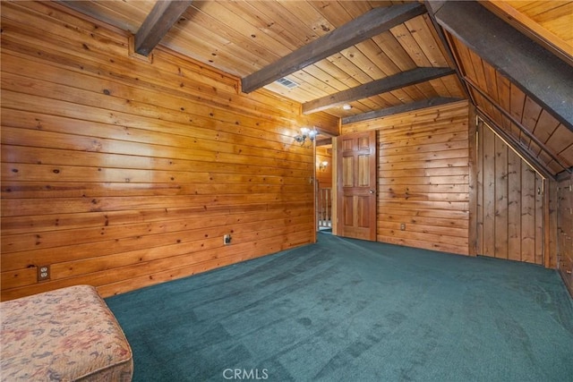 bonus room with carpet floors, beam ceiling, wooden walls, and wooden ceiling