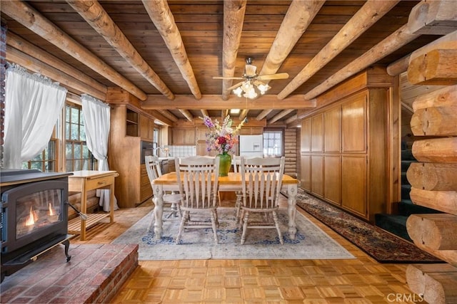 unfurnished dining area with beam ceiling, a wood stove, wood walls, and wooden ceiling