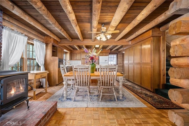 dining area featuring beam ceiling, a wealth of natural light, wood ceiling, and a wood stove