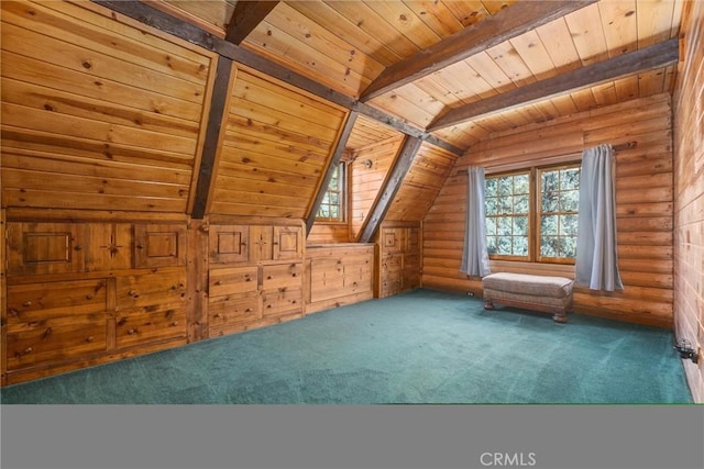 bonus room featuring lofted ceiling with beams, log walls, wood ceiling, and dark colored carpet