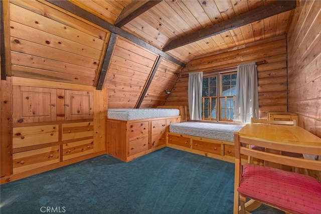 interior space featuring dark colored carpet, vaulted ceiling with beams, and wood ceiling