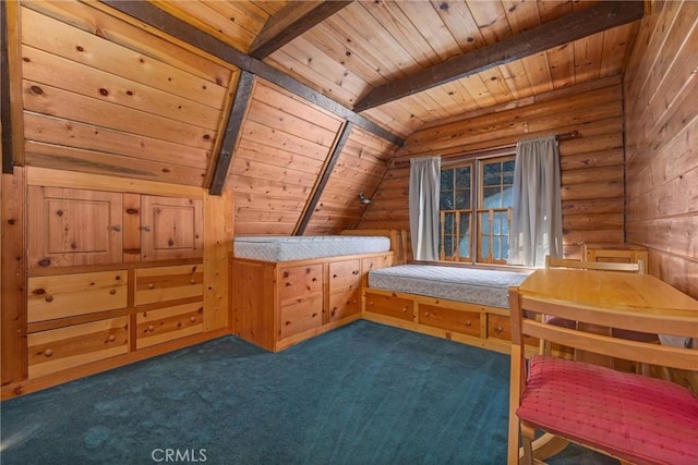 unfurnished bedroom with wooden ceiling, vaulted ceiling with beams, log walls, and dark carpet