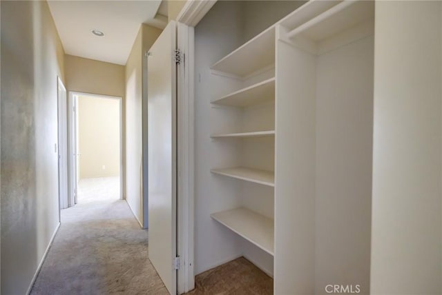 hall with light colored carpet