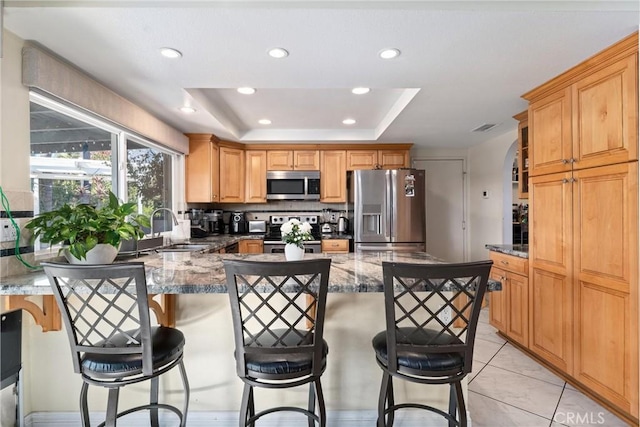 kitchen featuring dark stone counters, sink, appliances with stainless steel finishes, a tray ceiling, and a breakfast bar area