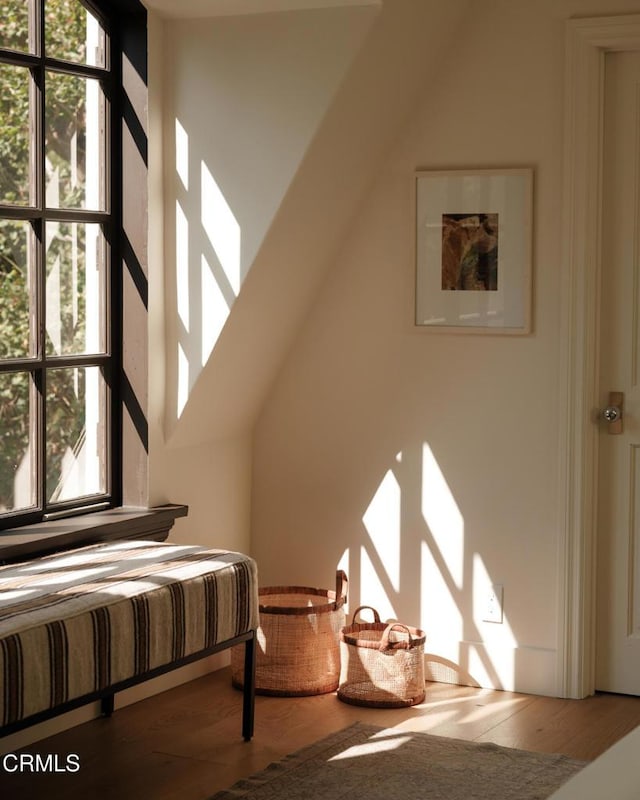 bedroom with hardwood / wood-style floors and multiple windows