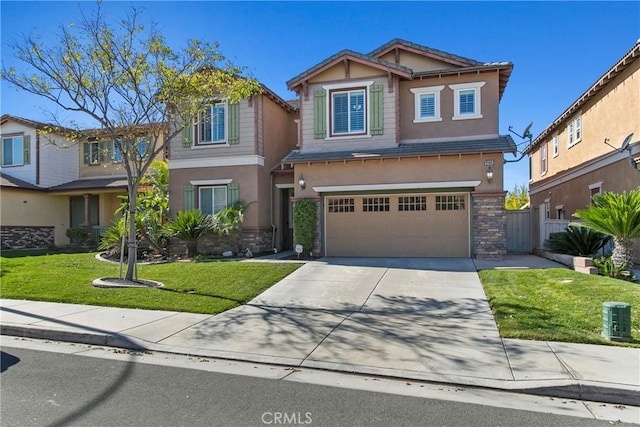 craftsman-style house with a front yard and a garage