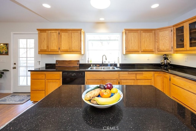 kitchen with hardwood / wood-style floors, dishwasher, sink, and dark stone counters