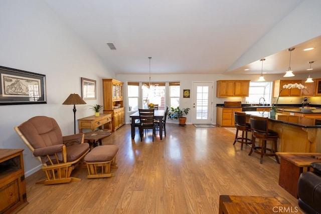 living room featuring light wood-type flooring and vaulted ceiling