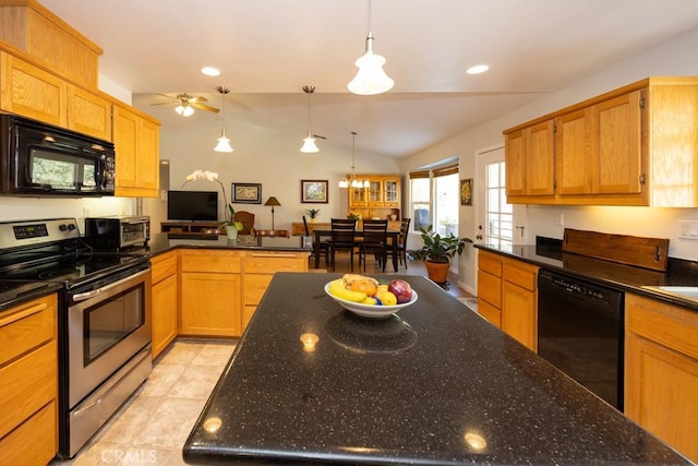 kitchen featuring kitchen peninsula, pendant lighting, lofted ceiling, light tile patterned floors, and black appliances