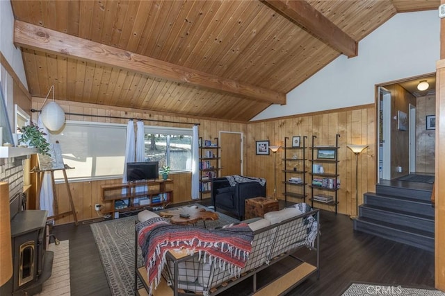 living room with vaulted ceiling with beams, wood walls, wooden ceiling, and dark wood-type flooring