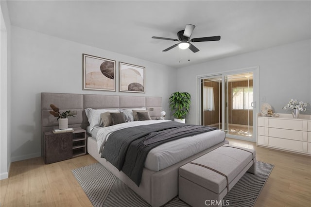 bedroom featuring ceiling fan and light hardwood / wood-style floors