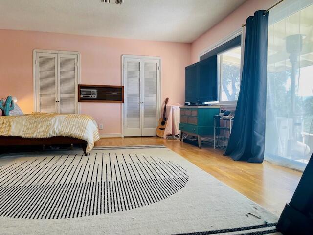 bedroom featuring hardwood / wood-style floors and two closets