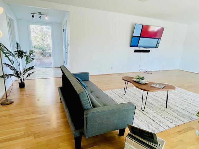 living room featuring hardwood / wood-style flooring and rail lighting