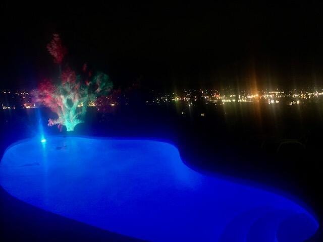 view of pool at night