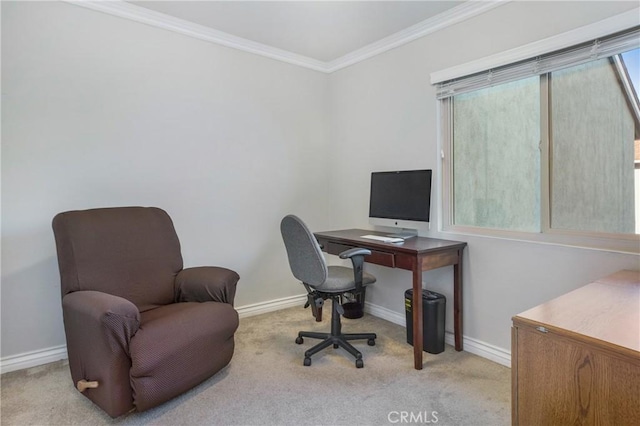 carpeted home office with crown molding