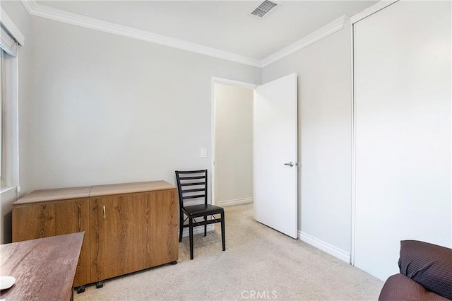 living area featuring light carpet and ornamental molding