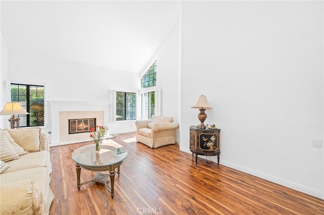 living room featuring a tiled fireplace, high vaulted ceiling, and wood-type flooring