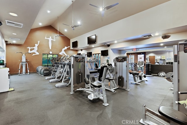 workout area with high vaulted ceiling, french doors, visible vents, and ceiling fan