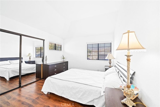 bedroom featuring lofted ceiling, a closet, and wood finished floors