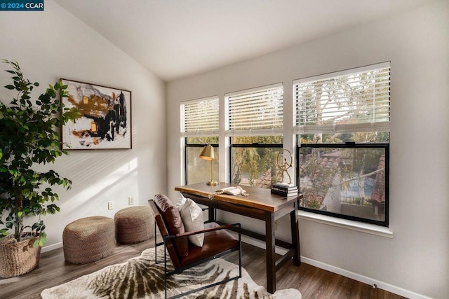 home office with dark hardwood / wood-style floors and lofted ceiling