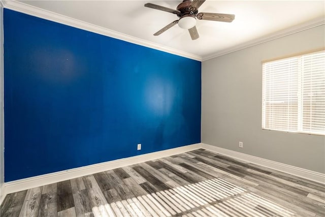 unfurnished room featuring hardwood / wood-style floors, ceiling fan, and ornamental molding