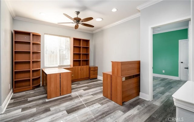 office space featuring ceiling fan, crown molding, and hardwood / wood-style flooring