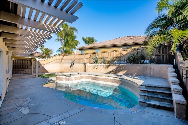 view of pool featuring a pergola, an in ground hot tub, and a patio