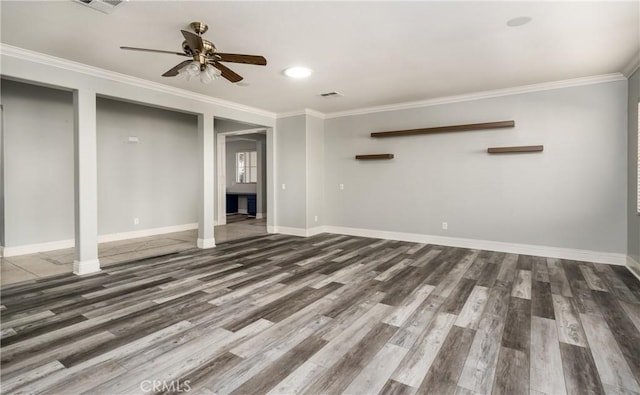 38548 Falkirk Dr, Murrieta, CA 92563 - basement with a ceiling fan, crown molding, wood finished floors, and baseboards