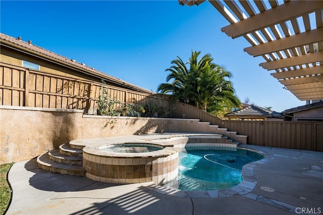 38548 Falkirk Dr, Murrieta, CA 92563 - view of swimming pool with a fenced backyard, a patio area, a pergola, and a pool with connected hot tub