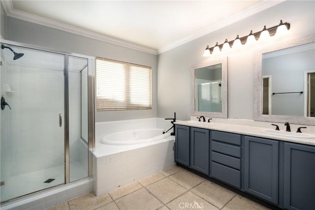 bathroom with independent shower and bath, tile patterned floors, and crown molding