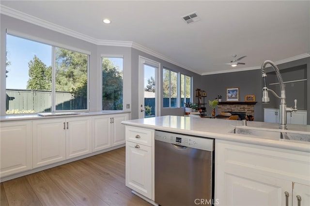 kitchen with ceiling fan, stainless steel dishwasher, plenty of natural light, and sink