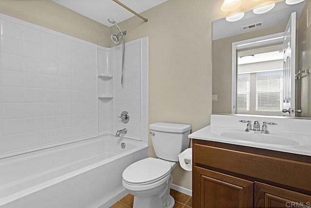 full bathroom featuring tile patterned flooring, bathtub / shower combination, vanity, and toilet