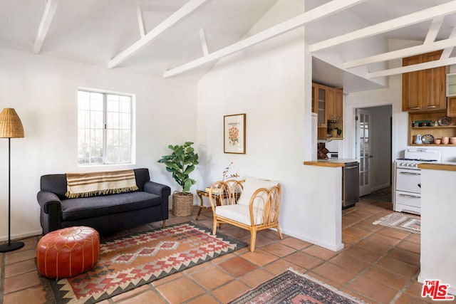 living room featuring beamed ceiling, light tile patterned floors, and high vaulted ceiling