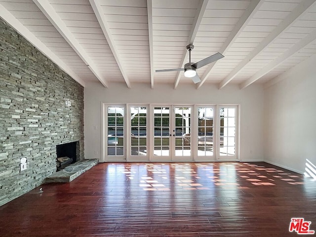 unfurnished living room featuring ceiling fan, french doors, beamed ceiling, and wood-type flooring