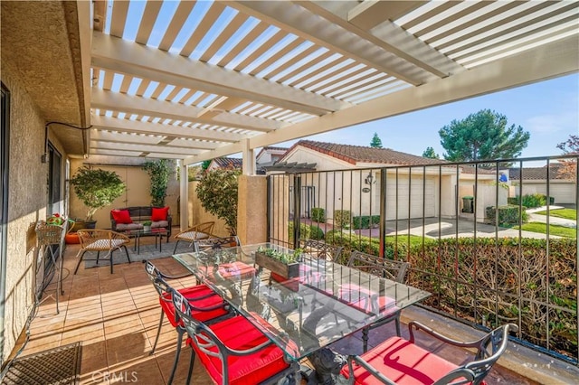 view of patio with an outdoor living space and a pergola