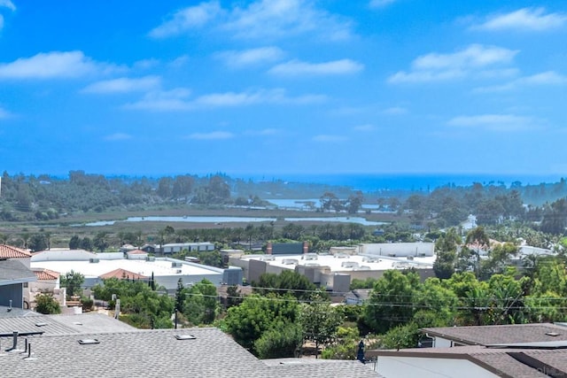 drone / aerial view with a water view