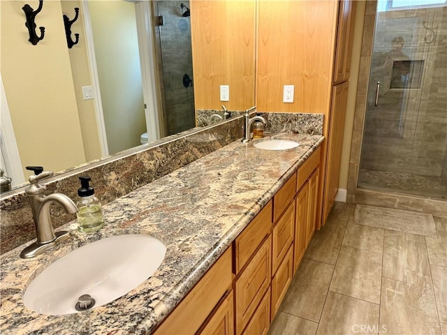 bathroom with vanity, toilet, and a shower with door